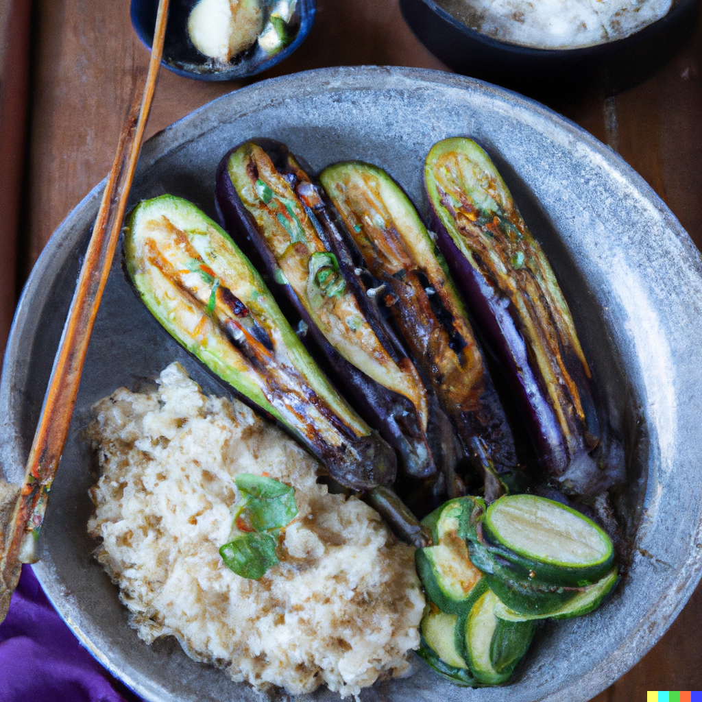 Fireworks Ginger Miso Grilled Aubergine (Eggplant) & Cucumber Pickled Rice Bowl