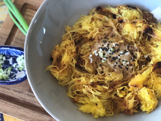 Fireworks Spaghetti Squash with Ginger Miso, Scallions and Sesame Seeds