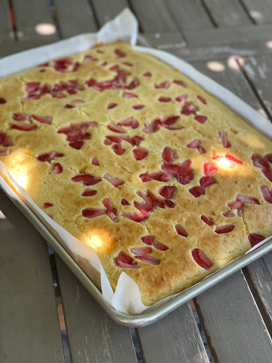 Fireworks Maple Butter Strawberry Sheet Pan Pancakes
