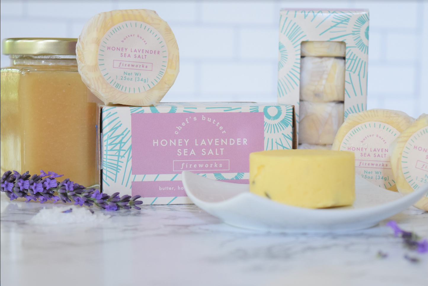 4 Pack, pre wrapped butter bursts, one flavor per pack, Unfiltered Colorado Honey, Lavender, Sea Salt