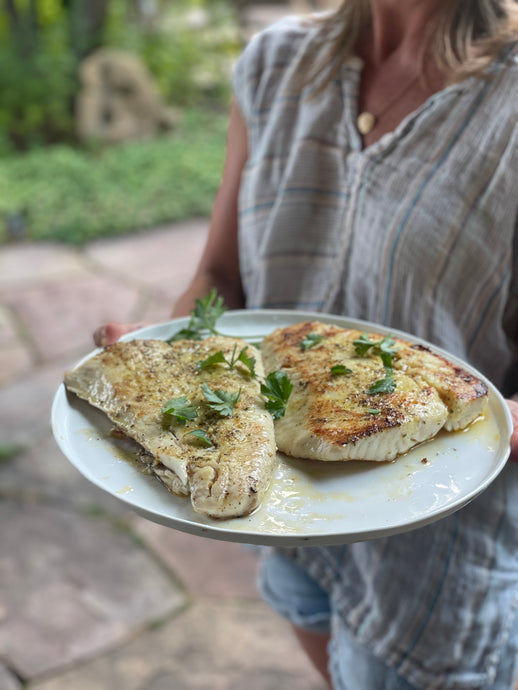 Pan seared halibut with honey lavender sea salt