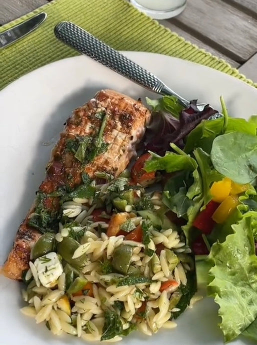 Fireworks Greek Style Garlic Salmon with Lemon Feta and Orzo Salad