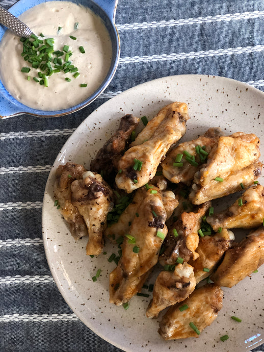 Crispy Fireworks Chipotle Tomato Wings with (Vegan) Old Bay Ranch (serves 4-6) Appetizer portions