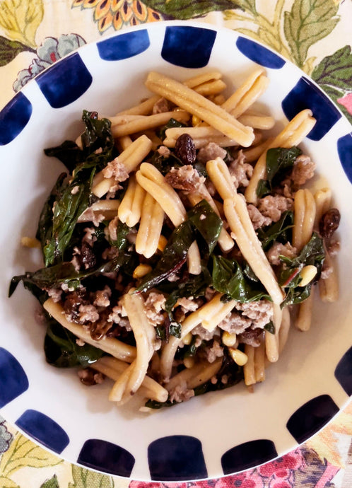 Pasta with Sausage, Swiss chard, and Pine Nuts with Fireworks Cinnamon butter