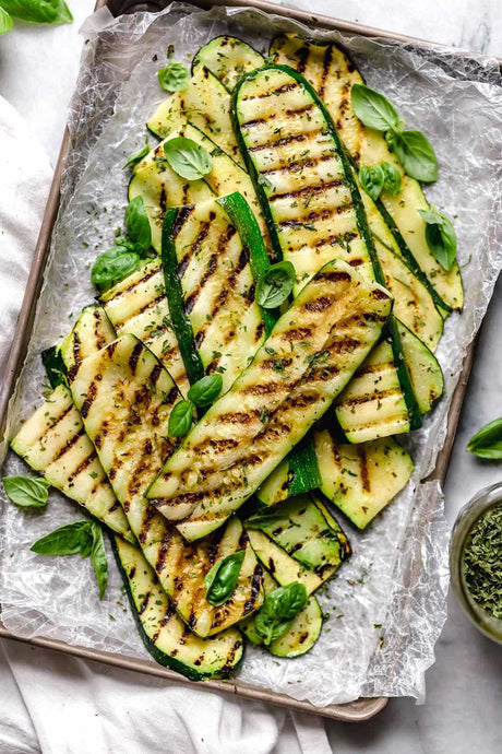 Fireworks grilled courgettes (zucchini) with chickpeas & herbed pesto butter