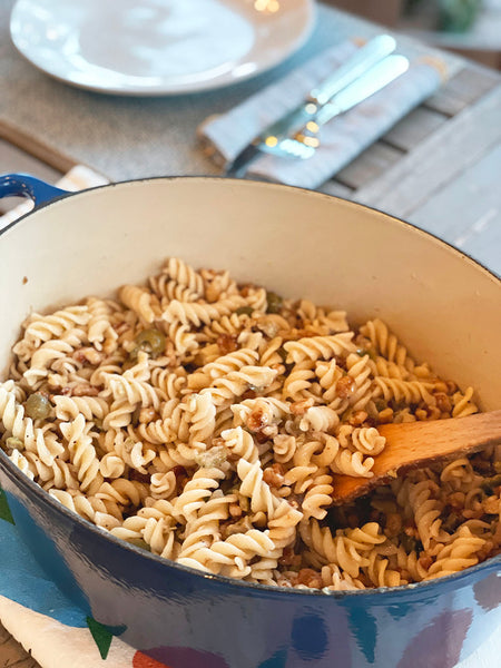 Rotini Pasta with walnuts, olives and garlic butter