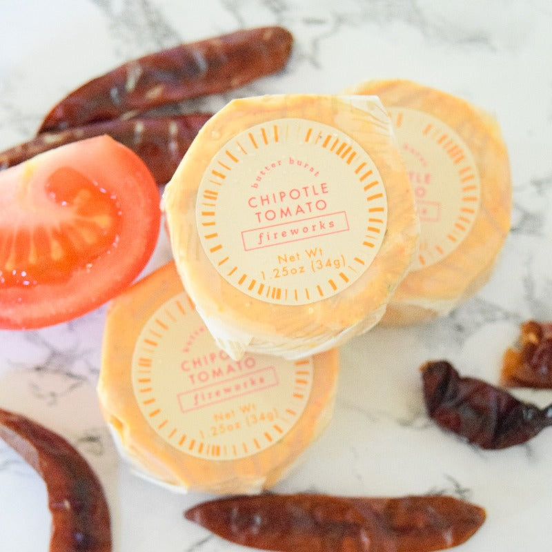 Pre wrapped butter bursts, one flavor per pack, Chipotle Tomato, roasted tomatoes, roasted garlic, roasted shallot